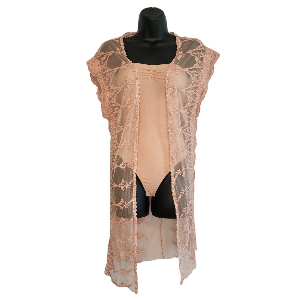 Pink boho lace duster cap sleeves knee length size S